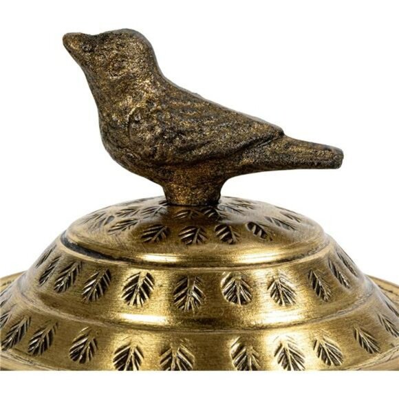 Hammered Metal Storage Container Brass Round Jar with Lid Bird Finial Decor - Picture 5 of 8